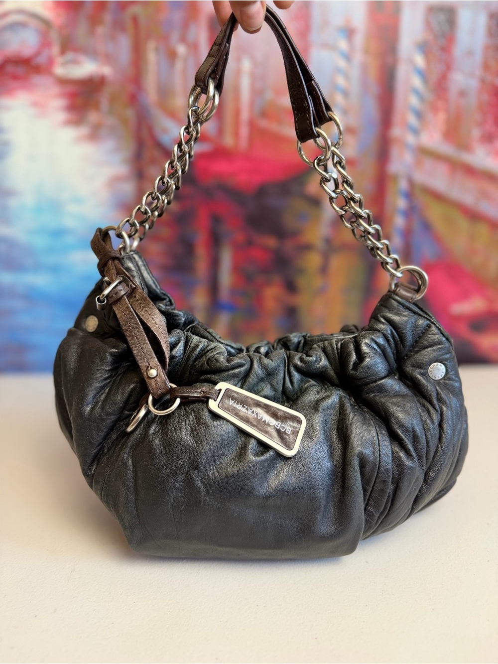 BCBGMaxAzria Black Ruched Leather Hobo with Chain-Strap